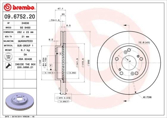 BREMBO disque de frein 09.6752.20 ventilé diamètre 282 épaisseur 23 mm 5 trous