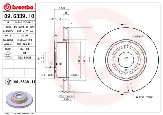BREMBO disque de frein 09.6839.11 ventilé diamètre 297 épaisseur 25 mm 5 trous