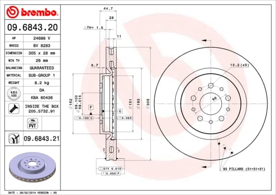 BREMBO disque de frein 09.6843.21 ventilé diamètre 305 épaisseur 28 mm 5 trous