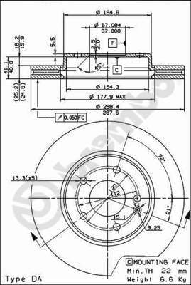 BREMBO disque de frein 09.6845.11 ventilé diamètre 288 épaisseur 25 mm 5 trous
