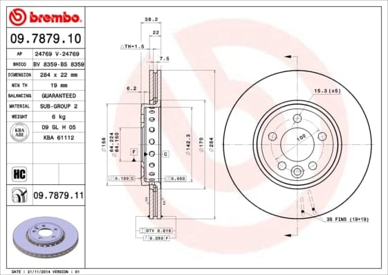 BREMBO Bremsscheibe 09.7879.11 belüftet Durchmesser 284 Stärke 22 mm 5 Bohrungen