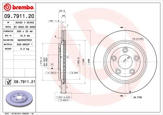 BREMBO Bremsscheibe 09.7911.21 belüftet Durchmesser 288 Stärke 20 mm 5 Bohrungen