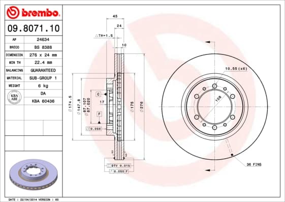 BREMBO Bremsscheibe 09.8071.10 belüftet Durchmesser 276 Stärke 24 mm 6 Bohrungen