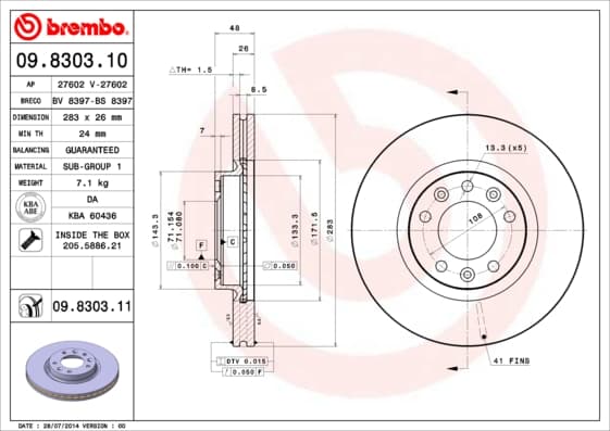 BREMBO disque de frein 09.8303.11 ventilé diamètre 283 épaisseur 26 mm 5 trous