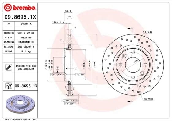 BREMBO Bremsscheibe 09.8695.1X belüftet Durchmesser 266 Stärke 22 mm 4 Bohrungen