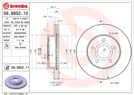 BREMBO disque de frein 09.8852.10 ventilé diamètre 305 épaisseur 26 mm 5 trous