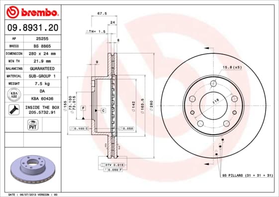 BREMBO disque de frein 09.8931.20 ventilé diamètre 280 épaisseur 24 mm 5 trous