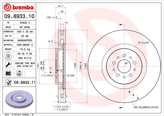 BREMBO disque de frein 09.8933.11 ventilé diamètre 330 épaisseur 32 mm 5 trous