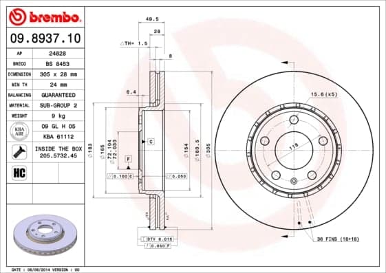 BREMBO Bremsscheibe 09.8937.10 belüftet Durchmesser 305 Stärke 28 mm 5 Bohrungen