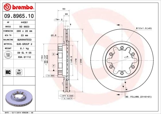 BREMBO disque de frein 09.8965.10 ventilé diamètre 290 épaisseur 26 mm 6 trous