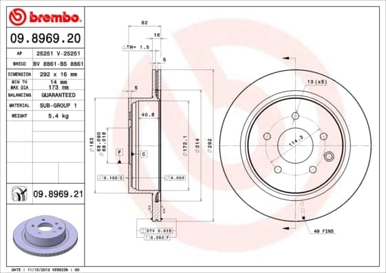 BREMBO Bremsscheibe 09.8969.20 belüftet Durchmesser 292 Stärke 16 mm 5 Bohrungen
