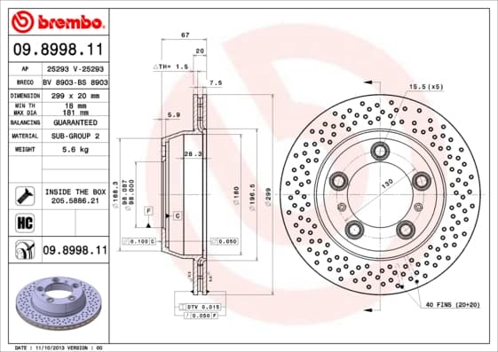BREMBO disque de frein 09.8998.11 ventilé diamètre 299 épaisseur 20 mm 5 trous