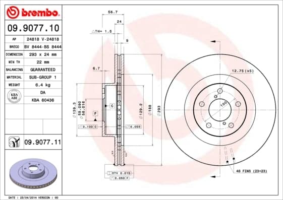 BREMBO disque de frein 09.9077.11 ventilé diamètre 293 épaisseur 24 mm 5 trous