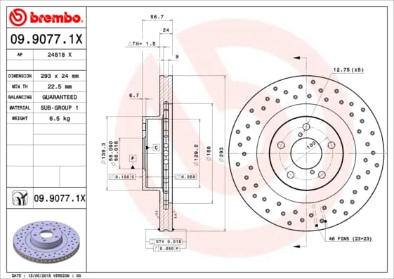 BREMBO disque de frein 09.9077.1X ventilé diamètre 293 épaisseur 24 mm 5 trous