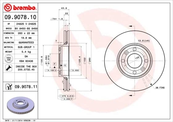 BREMBO Bremsscheibe 09.9078.11 belüftet Durchmesser 260 Stärke 22 mm 4 Bohrungen