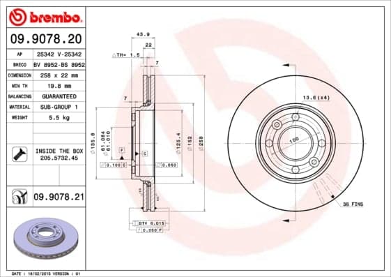 BREMBO disque de frein 09.9078.20 ventilé diamètre 258 épaisseur 22 mm 4 trous