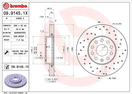 BREMBO Bremsscheibe 09.9145.1X belüftet Durchmesser 288 Stärke 25 mm 5 Bohrungen