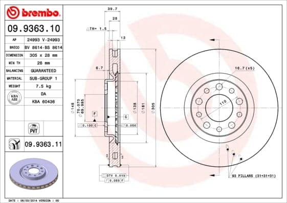 BREMBO disque de frein 09.9363.11 ventilé diamètre 305 épaisseur 28 mm 5 trous