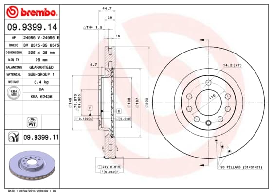 BREMBO disque de frein 09.9399.11 ventilé diamètre 305 épaisseur 28 mm 5 trous