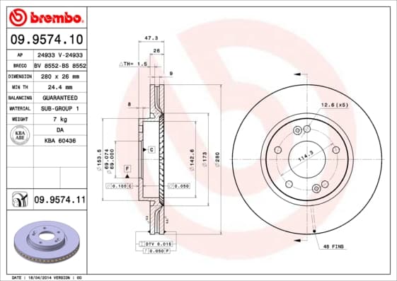 BREMBO disque de frein 09.9574.10 ventilé diamètre 280 épaisseur 26 mm 5 trous