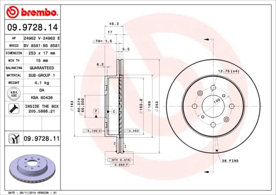 BREMBO disque de frein 09.9728.14 ventilé diamètre 253 épaisseur 17 mm 4 trous