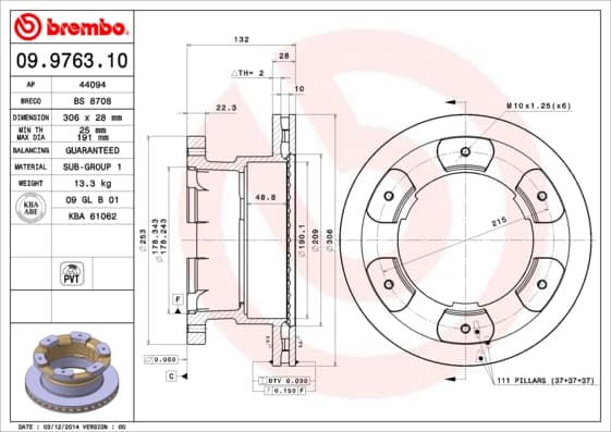 BREMBO disque de frein 09.9763.10 ventilé diamètre 306 épaisseur 28 mm 6 trous