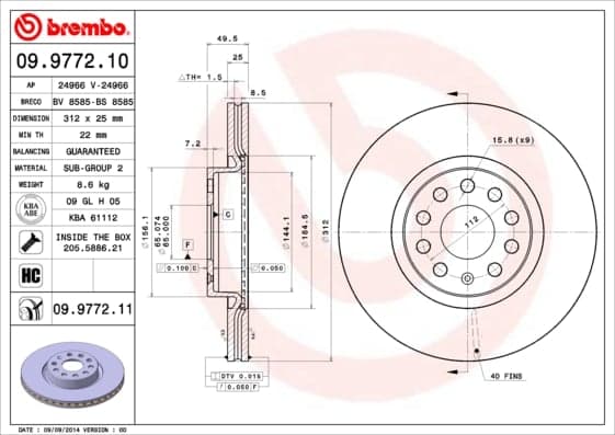 BREMBO Bremsscheibe 09.9772.10 belüftet Durchmesser 312 Stärke 25 mm 5 Bohrungen