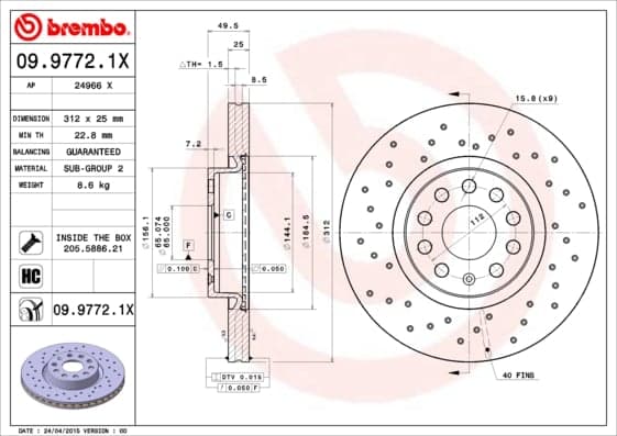 BREMBO disque de frein 09.9772.1X ventilé diamètre 312 épaisseur 25 mm 5 trous