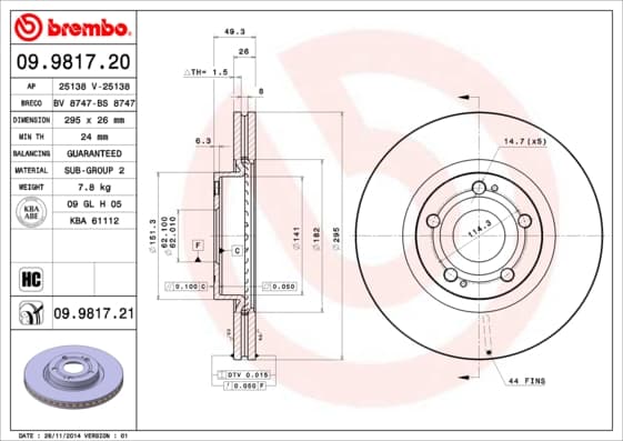 BREMBO disque de frein 09.9817.20 ventilé diamètre 295 épaisseur 26 mm 5 trous