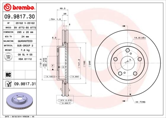 BREMBO disque de frein 09.9817.31 ventilé diamètre 295 épaisseur 26 mm 5 trous