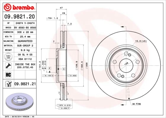 BREMBO disque de frein 09.9821.21 ventilé diamètre 308 épaisseur 28 mm 5 trous