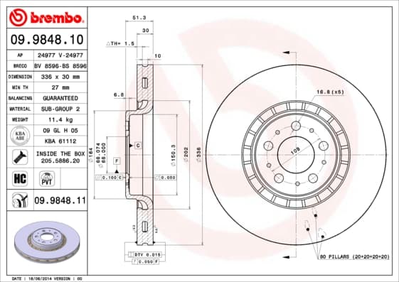 BREMBO disque de frein 09.9848.11 ventilé diamètre 336 épaisseur 30 mm 5 trous