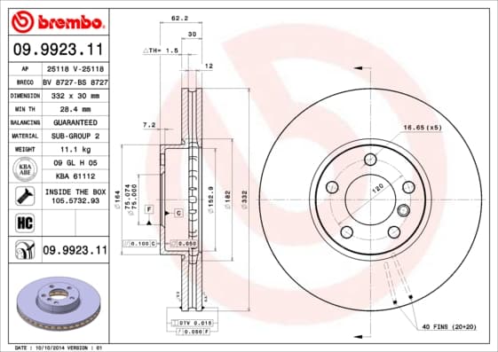 BREMBO Bremsscheibe 09.9923.11 belüftet Durchmesser 332 Stärke 30 mm 5 Bohrungen