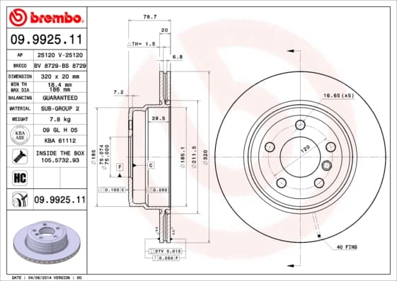 BREMBO disque de frein 09.9925.11 ventilé diamètre 320 épaisseur 20 mm 5 trous