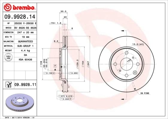 BREMBO disque de frein 09.9928.14 ventilé diamètre 247 épaisseur 20 mm 4 trous