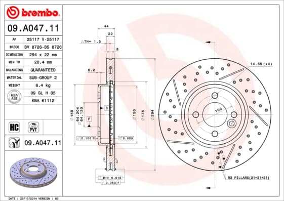 BREMBO Bremsscheibe 09.A047.11 gelocht Durchmesser 294 Stärke 22 mm 4 Bohrungen