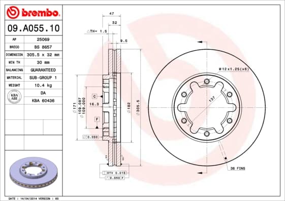 BREMBO disque de frein 09.A055.10 ventilé diamètre 305,5 épaisseur 32 mm 6 trous