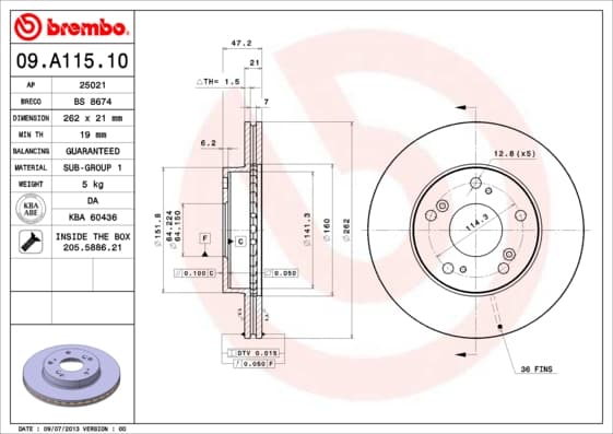 BREMBO disque de frein 09.A115.10 ventilé diamètre 262 épaisseur 21 mm 5 trous