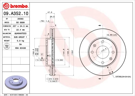 BREMBO Bremsscheibe 09.A352.10 belüftet Durchmesser 257 Stärke 24,5 mm 4 Bohrungen