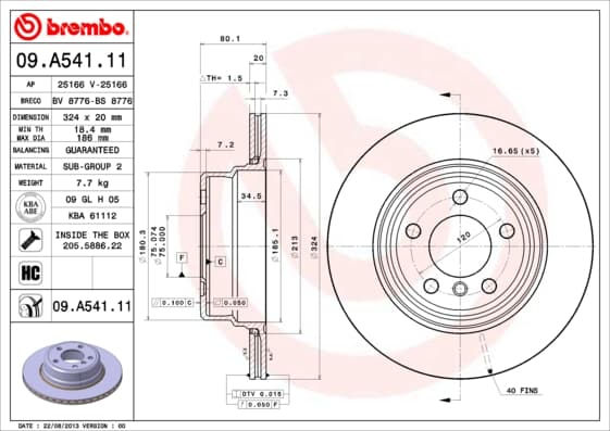 BREMBO Bremsscheibe 09.A541.11 belüftet Durchmesser 324 Stärke 20 mm 5 Bohrungen