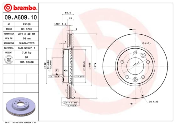 BREMBO Bremsscheibe 09.A609.10 belüftet Durchmesser 274 Stärke 28 mm 5 Bohrungen