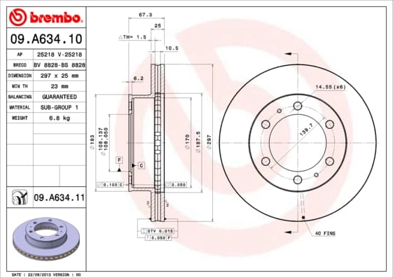 BREMBO disque de frein 09.A634.10 ventilé diamètre 297 épaisseur 25 mm 6 trous