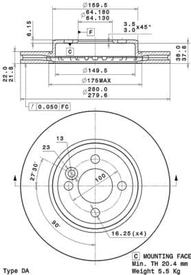 BREMBO disque de frein 09.A761.11 ventilé diamètre 280 épaisseur 22 mm 4 trous