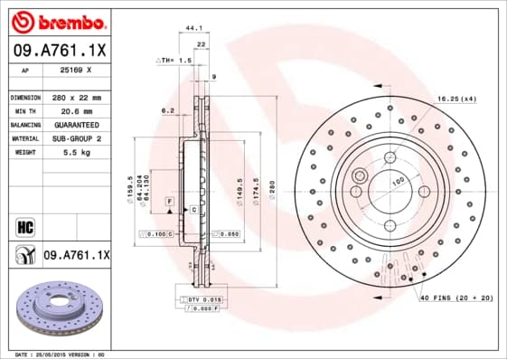 BREMBO disque de frein 09.A761.1X ventilé diamètre 280 épaisseur 22 mm 4 trous