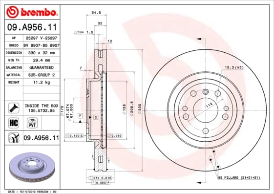 BREMBO disque de frein 09.A956.11 ventilé diamètre 330 épaisseur 32 mm 5 trous