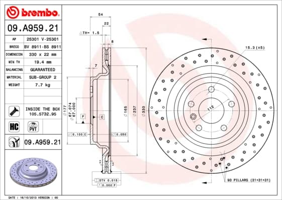 BREMBO Bremsscheibe 09.A959.21 belüftet Durchmesser 330 Stärke 22 mm 5 Bohrungen