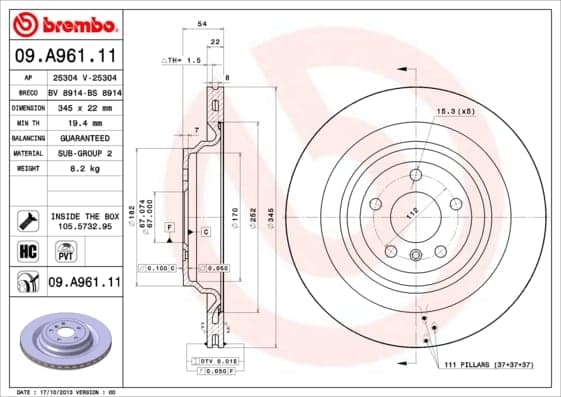 BREMBO Bremsscheibe 09.A961.11 belüftet Durchmesser 345 Stärke 22 mm 5 Bohrungen