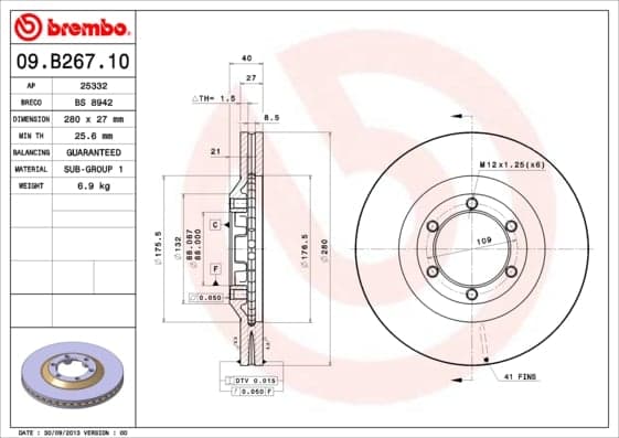 BREMBO disque de frein 09.B267.10 ventilé diamètre 280 épaisseur 27 mm 6 trous