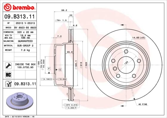 BREMBO Bremsscheibe 09.B313.11 belüftet Durchmesser 320 Stärke 20 mm 5 Bohrungen