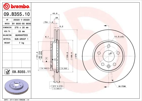 BREMBO disque de frein 09.B355.10 ventilé diamètre 276 épaisseur 26 mm 5 trous